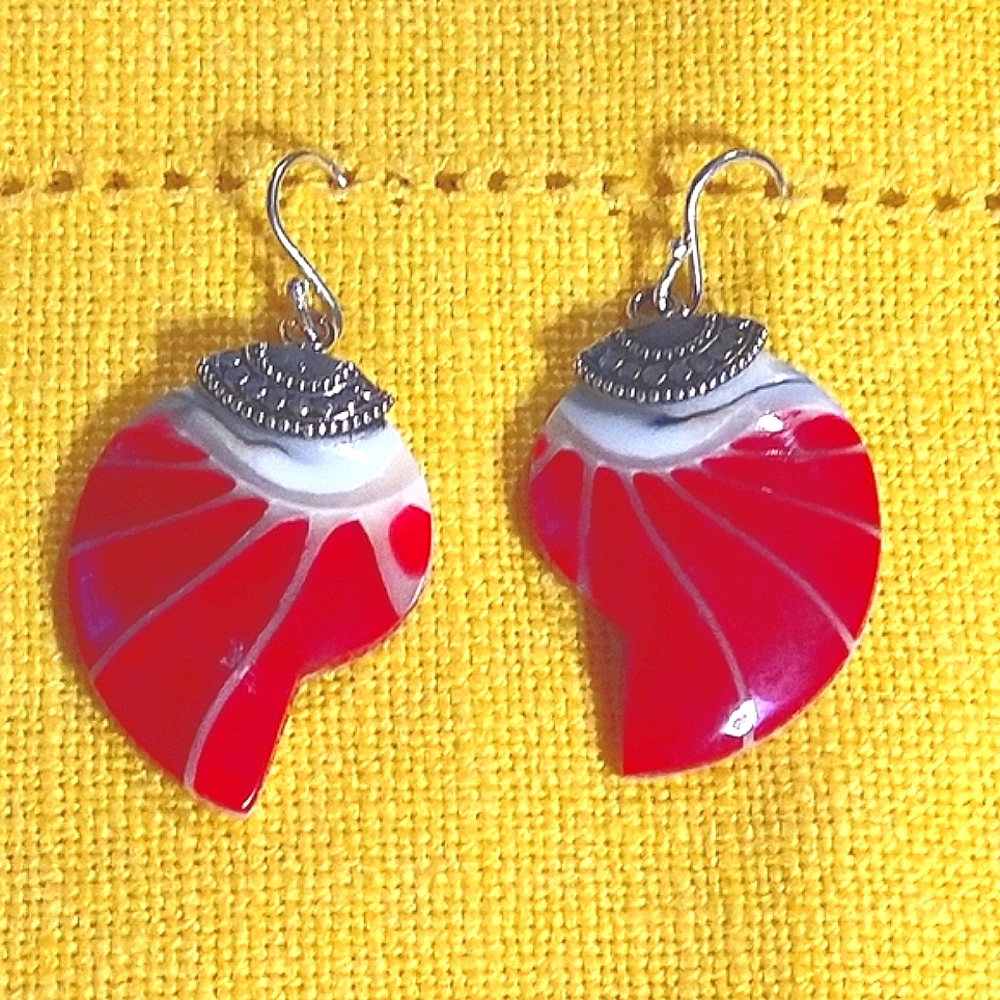MOTHER OF PEARL & CORAL ENAMELED EARRINGS/UNIQUE.  HYPOALERGENIC STERLING WIRES.